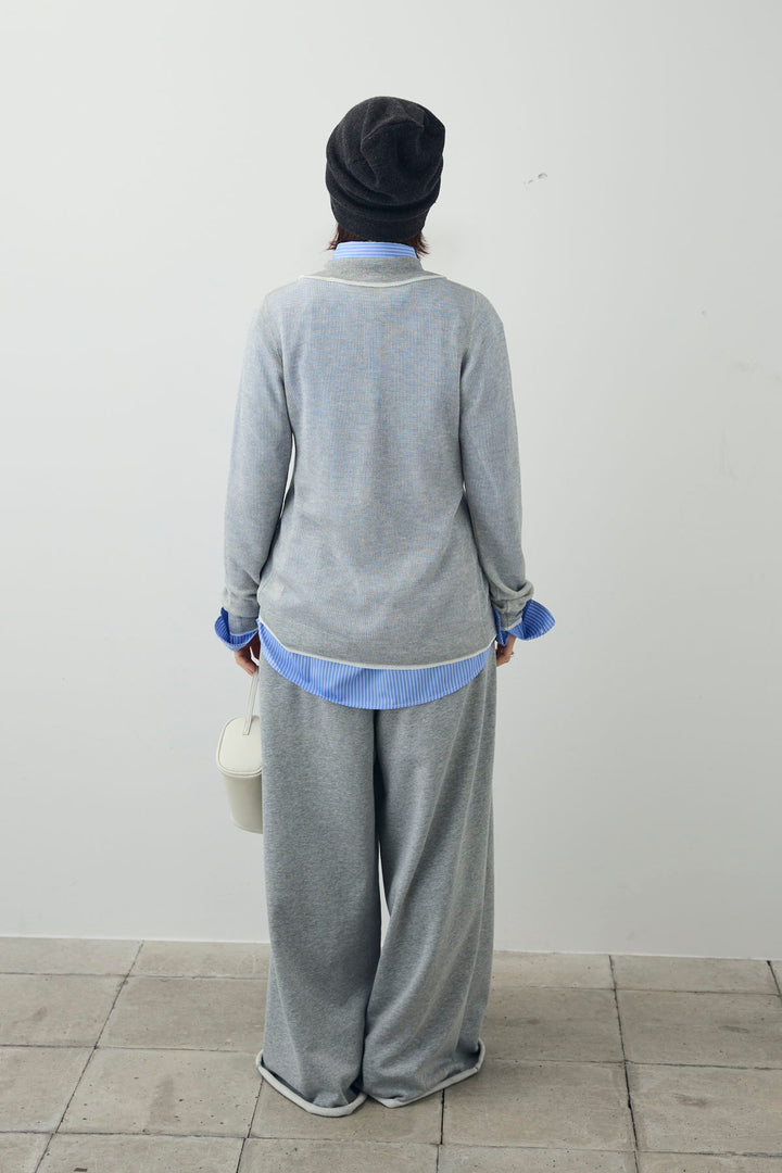 [予約/SET]ストライプシャツ+リネンタッチポロニットカーデ(2set)