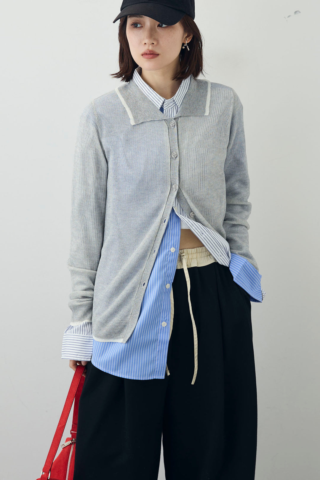[予約/SET]ストライプシャツ+リネンタッチポロニットカーデ(2set)