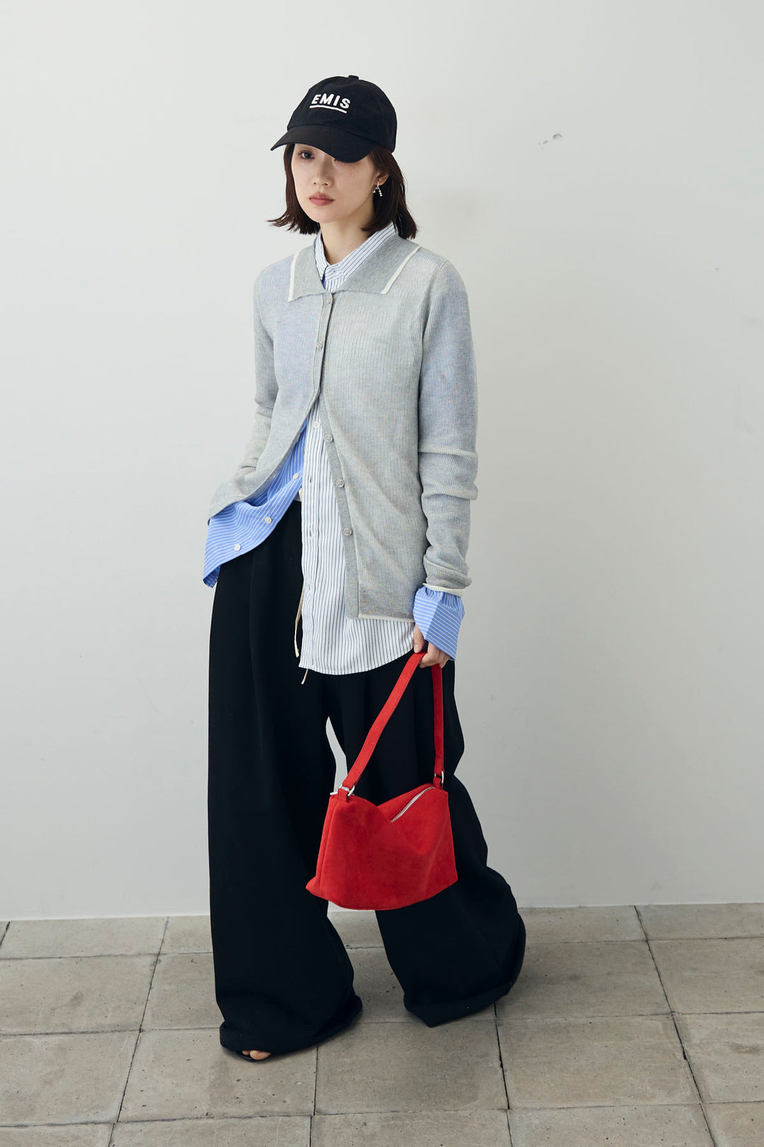 [予約/SET]ストライプシャツ+リネンタッチポロニットカーデ+ダブルウエストスウェットパンツ(3set)