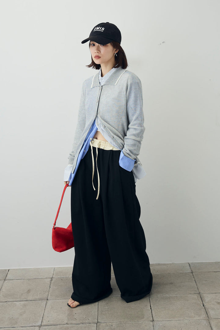 [予約/SET]ストライプシャツ+リネンタッチポロニットカーデ(2set)