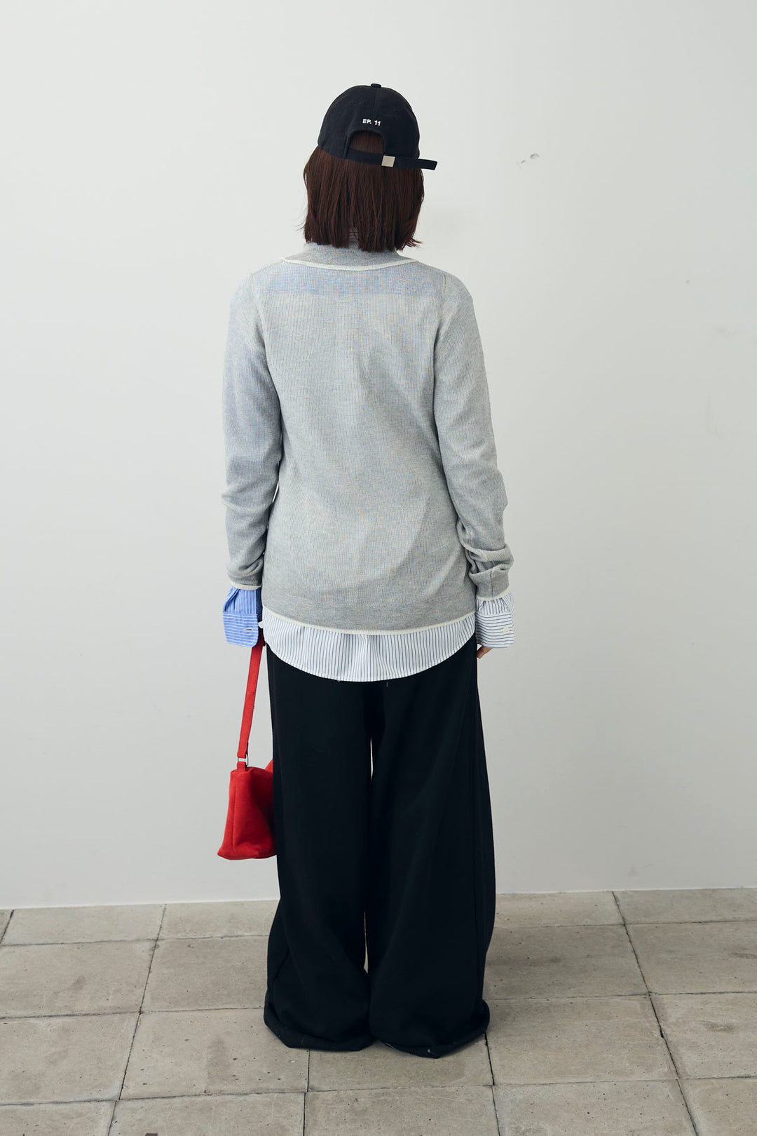 [予約/SET]ストライプシャツ+リネンタッチポロニットカーデ(2set)