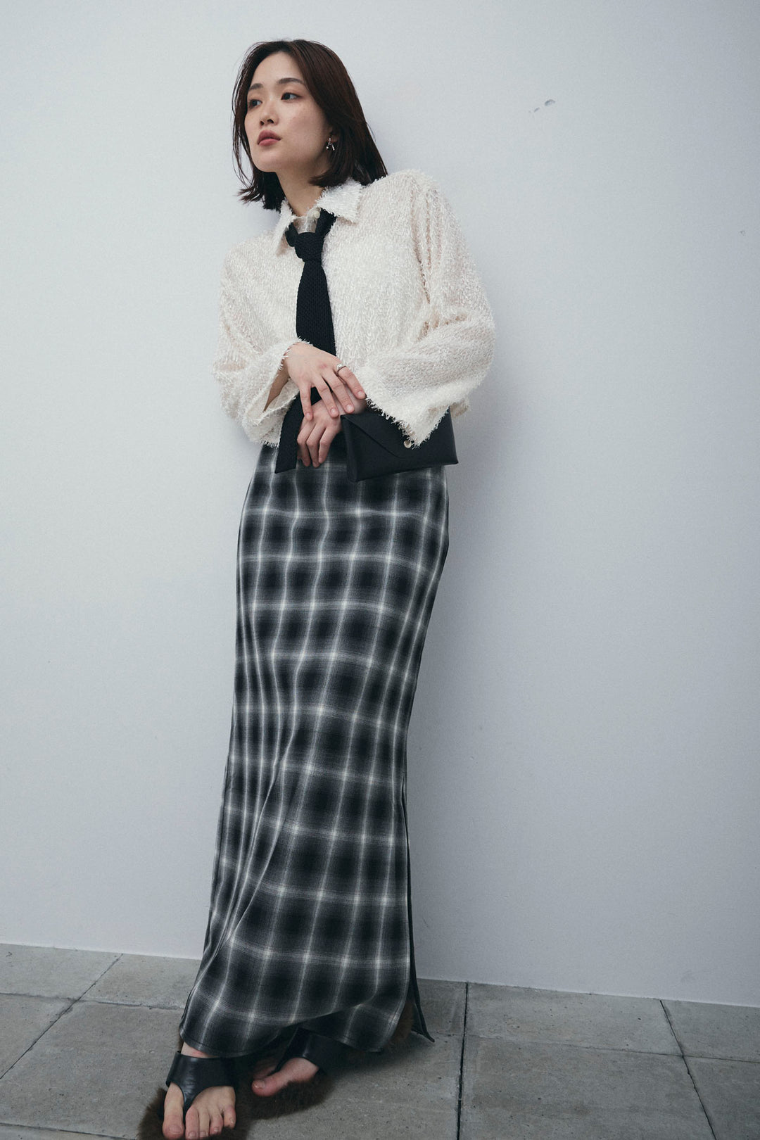 [予約/SET]フェザークロップドシャツ+チェックストレートスカート(2set)