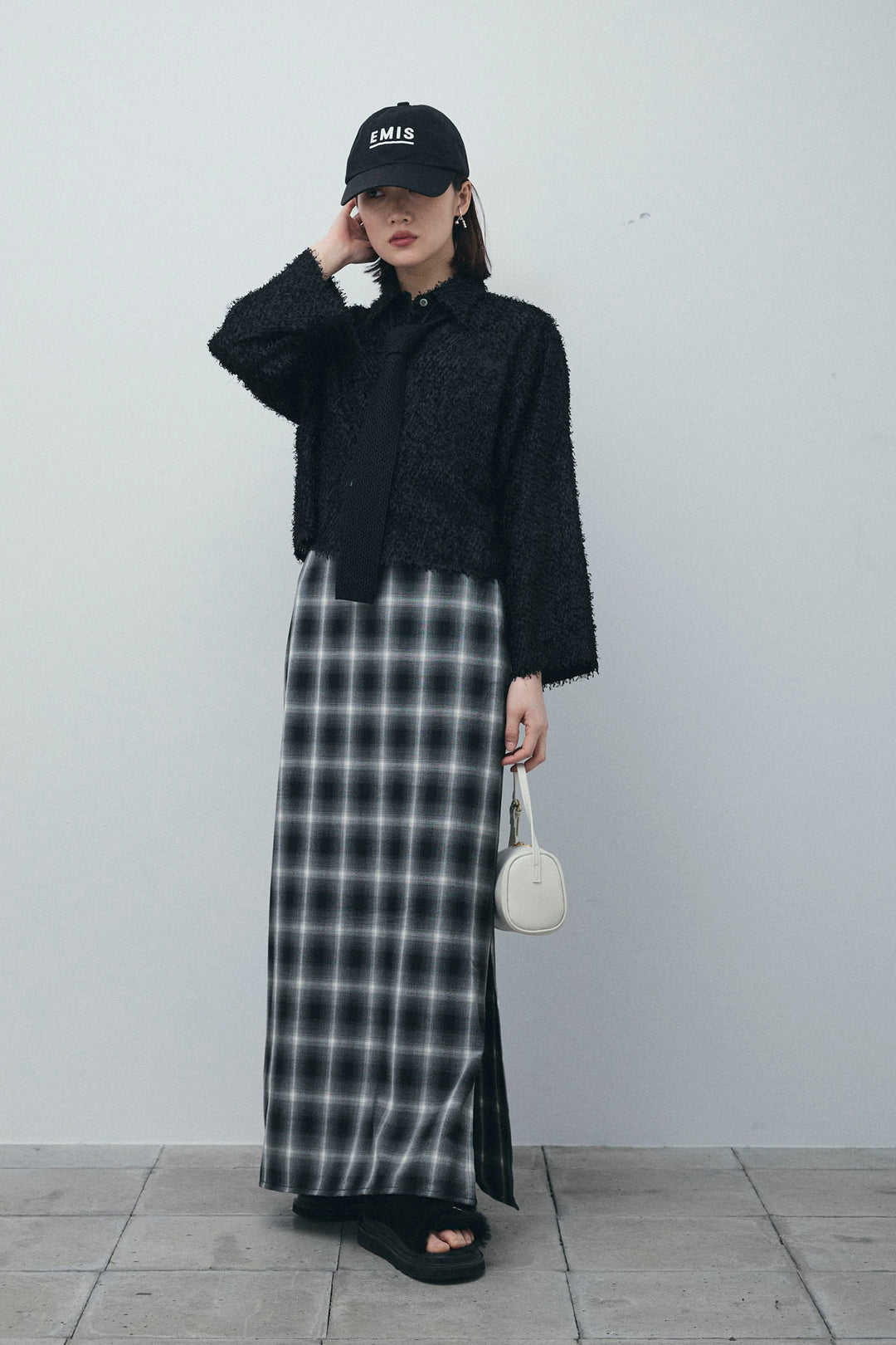 [予約/SET]フェザークロップドシャツ+シルクニットタイ+チェックストレートスカート(3set)