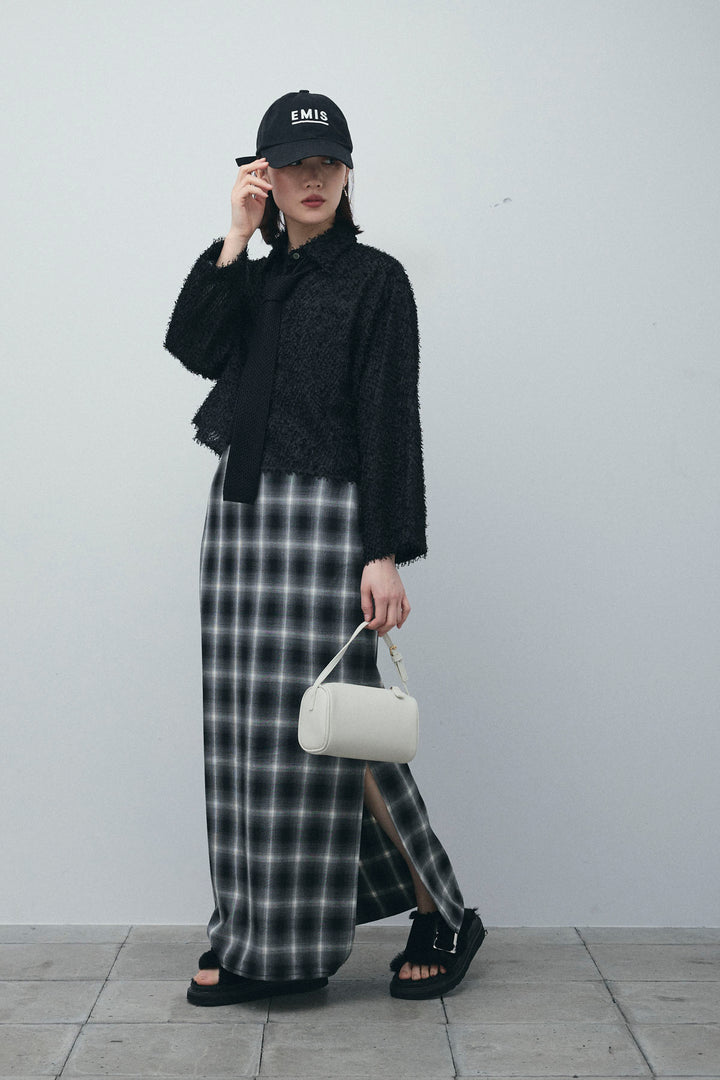 [予約/SET]フェザークロップドシャツ+シルクニットタイ+チェックストレートスカート(3set)