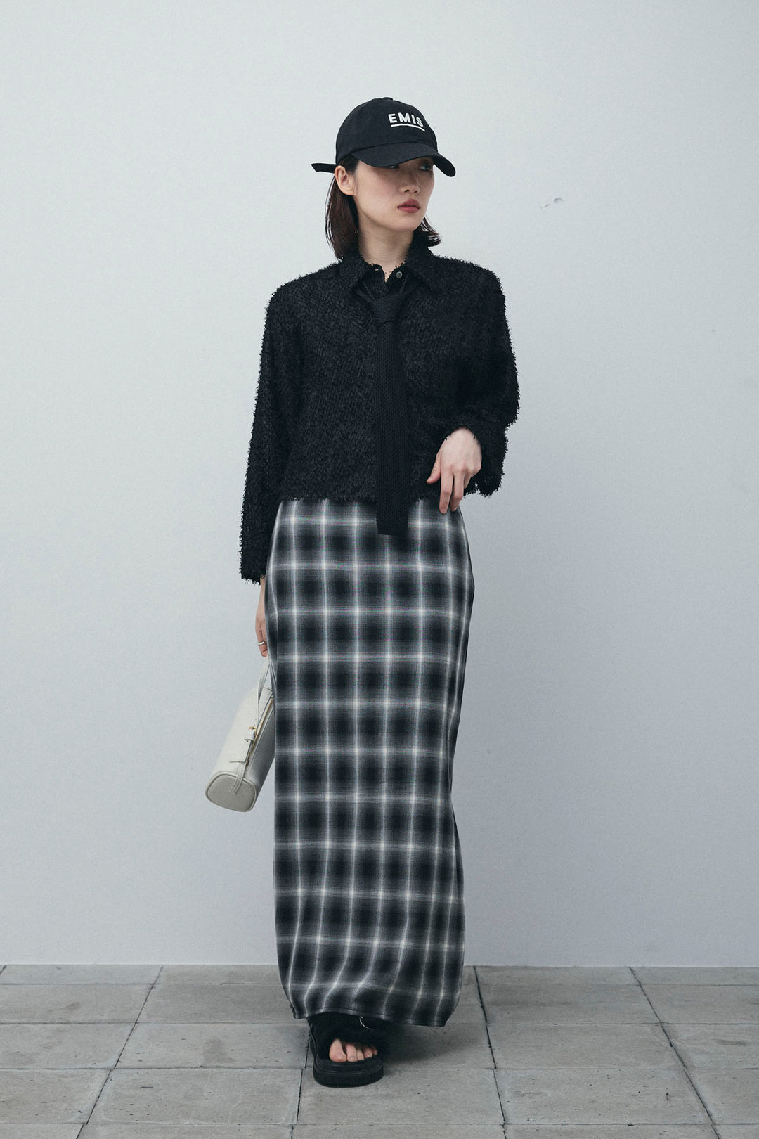 [予約/SET]フェザークロップドシャツ+シルクニットタイ+チェックストレートスカート(3set)