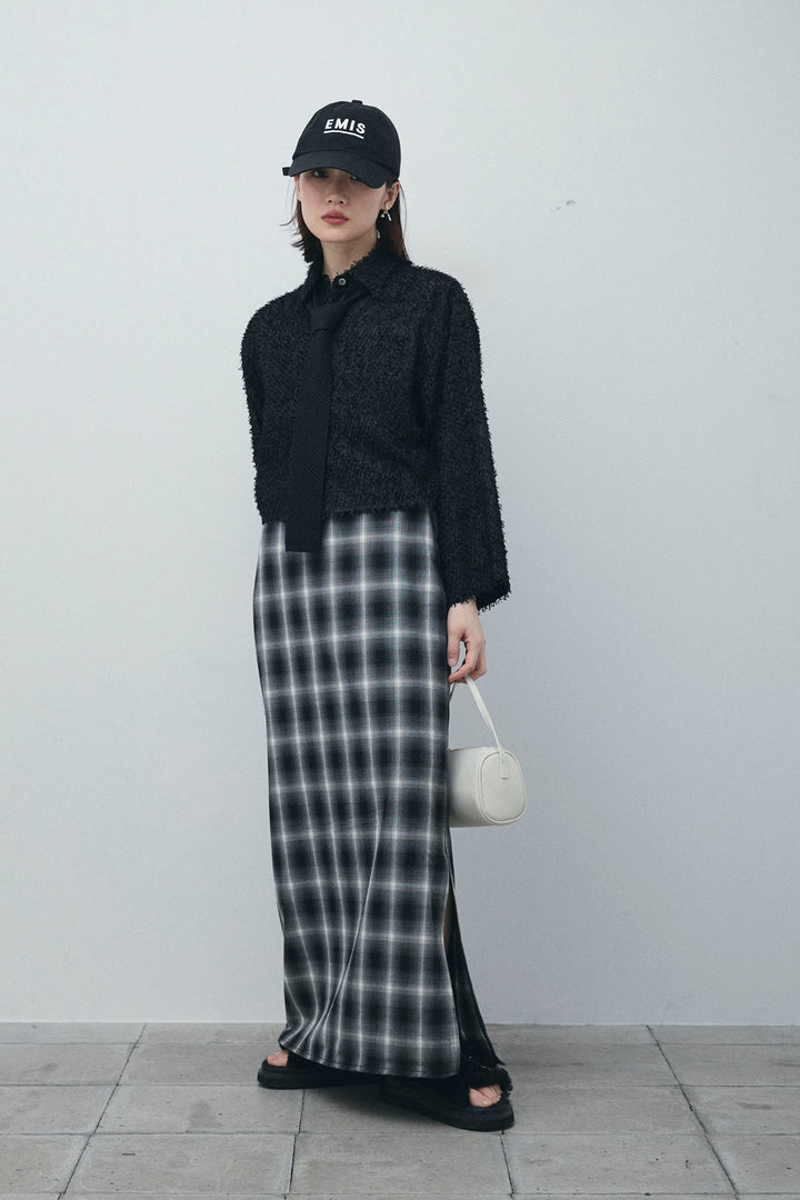 [予約/SET]フェザークロップドシャツ+シルクニットタイ+チェックストレートスカート(3set)