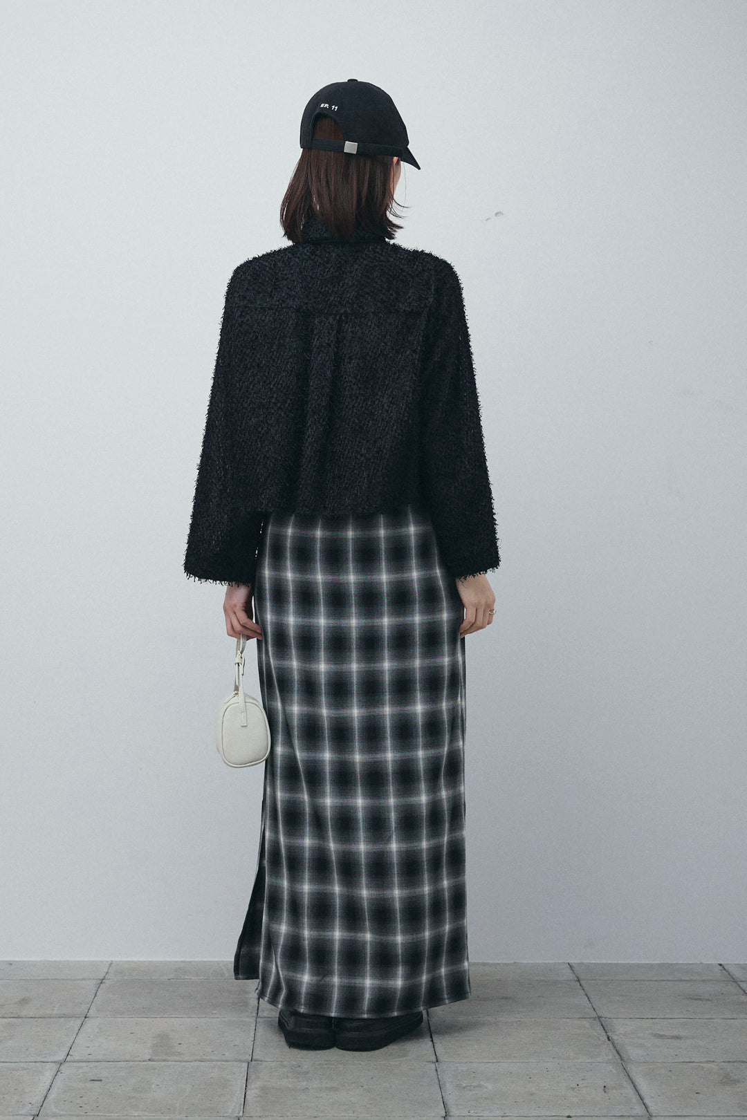 [予約/SET]フェザークロップドシャツ+シルクニットタイ+チェックストレートスカート(3set)