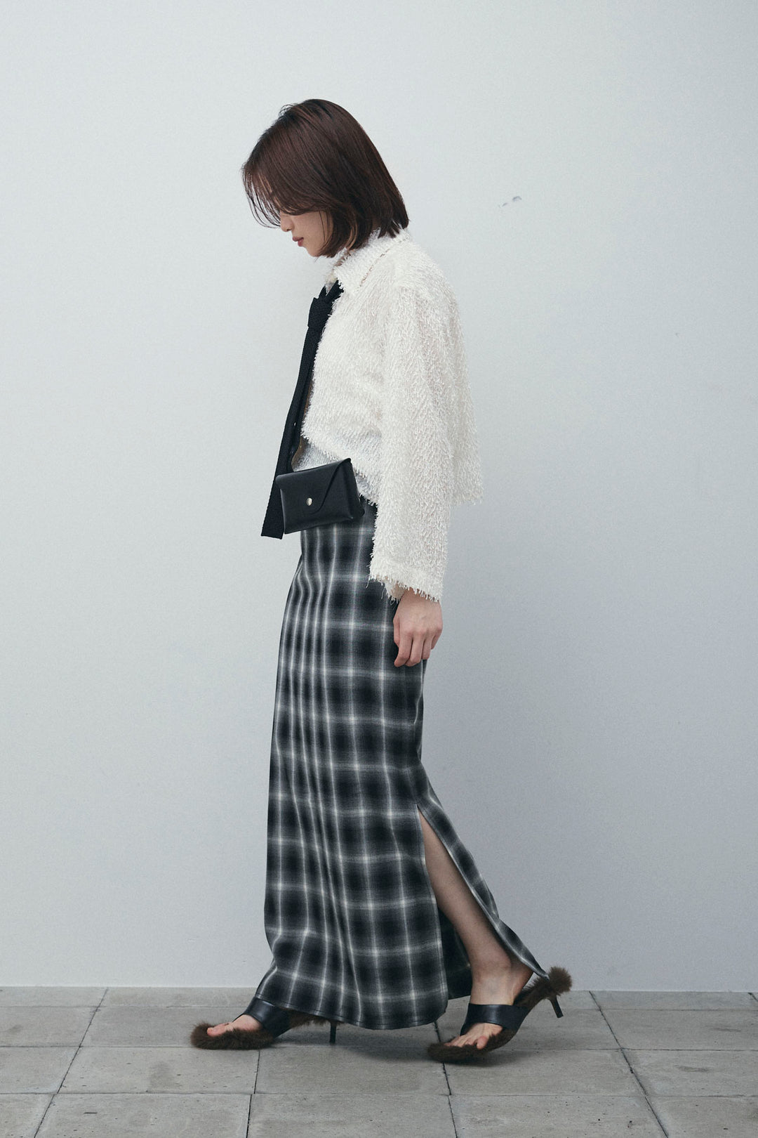 [予約/SET]フェザークロップドシャツ+シルクニットタイ+チェックストレートスカート(3set)