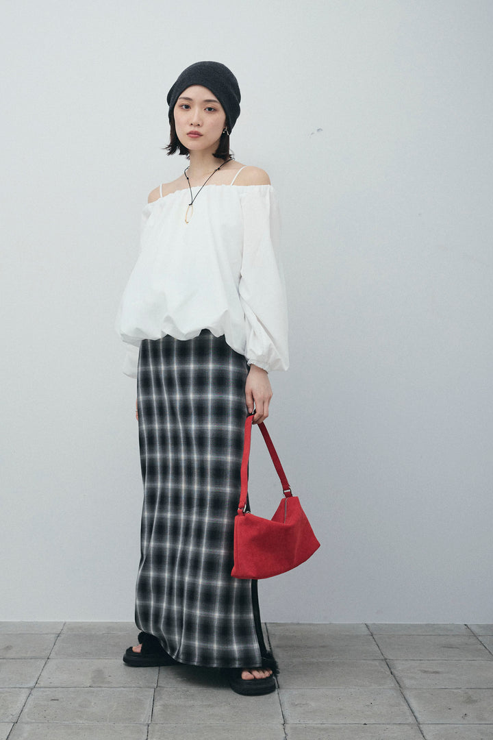 [予約/SET]オフショルバルーンブラウス+チェックストレートスカート(2set)