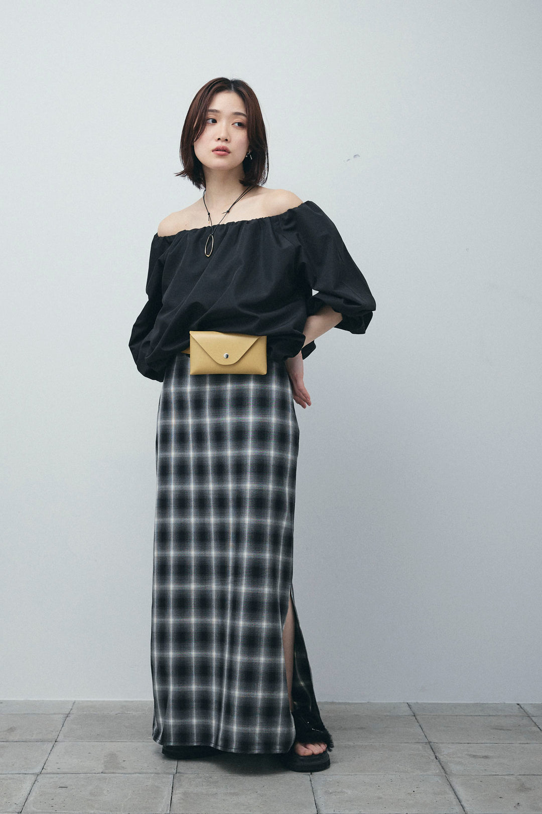[予約/SET]オフショルバルーンブラウス+チェックストレートスカート(2set)
