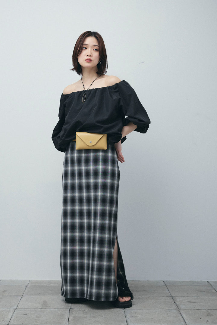 [予約/SET]オフショルバルーンブラウス+チェックストレートスカート(2set)