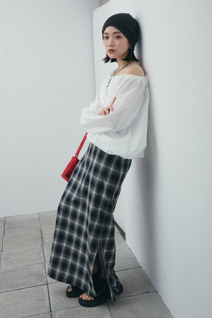 [予約/SET]オフショルバルーンブラウス+チェックストレートスカート(2set)