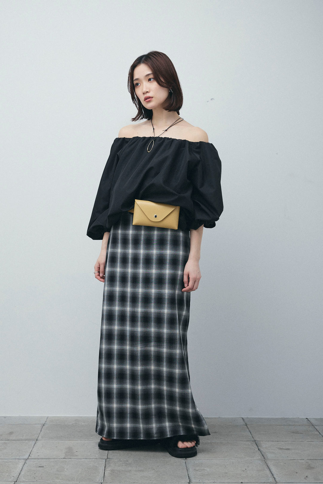 [予約/SET]オフショルバルーンブラウス+チェックストレートスカート(2set)