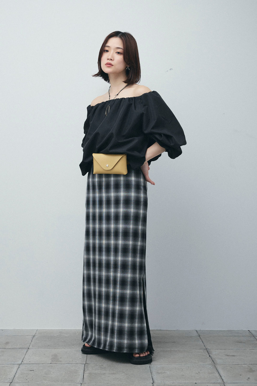 [予約/SET]オフショルバルーンブラウス+チェックストレートスカート(2set)