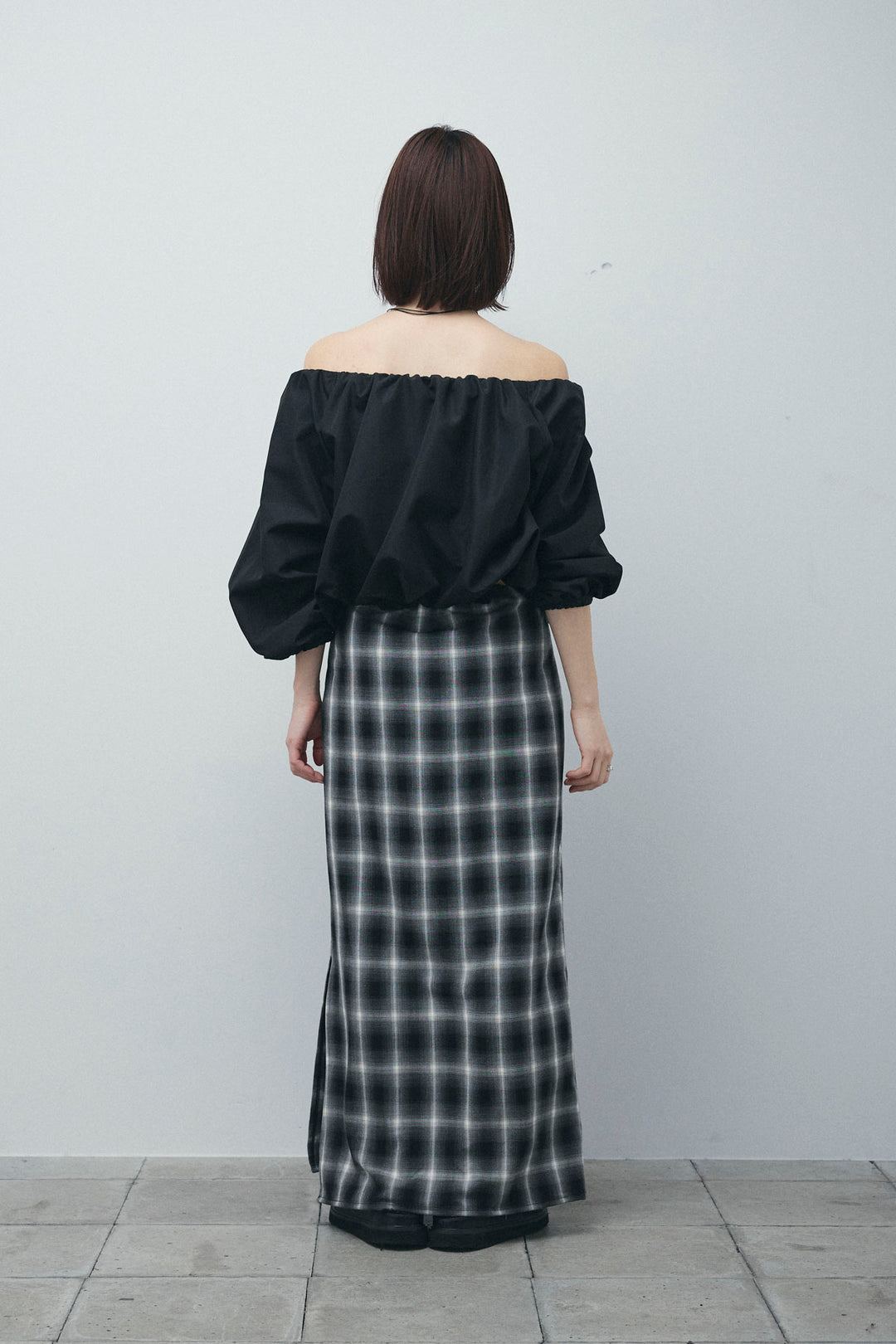 [予約/SET]オフショルバルーンブラウス+チェックストレートスカート(2set)