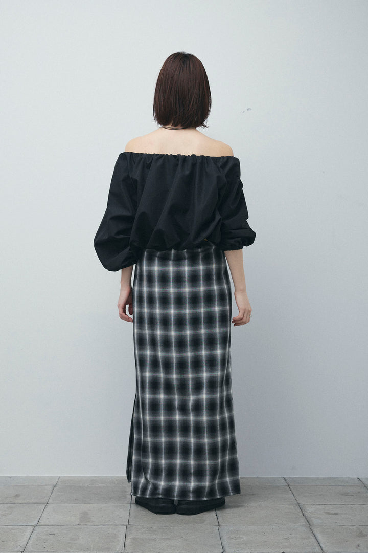 [予約/SET]オフショルバルーンブラウス+チェックストレートスカート(2set)