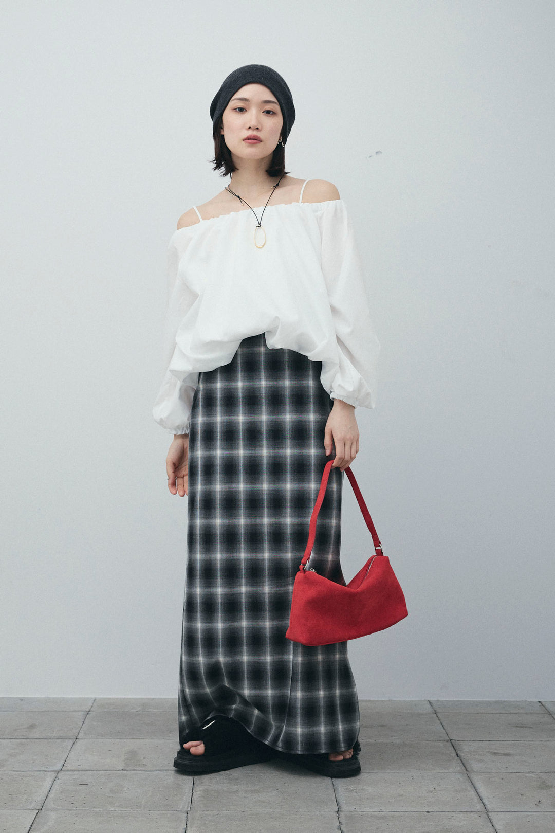 [予約/SET]オフショルバルーンブラウス+チェックストレートスカート(2set)