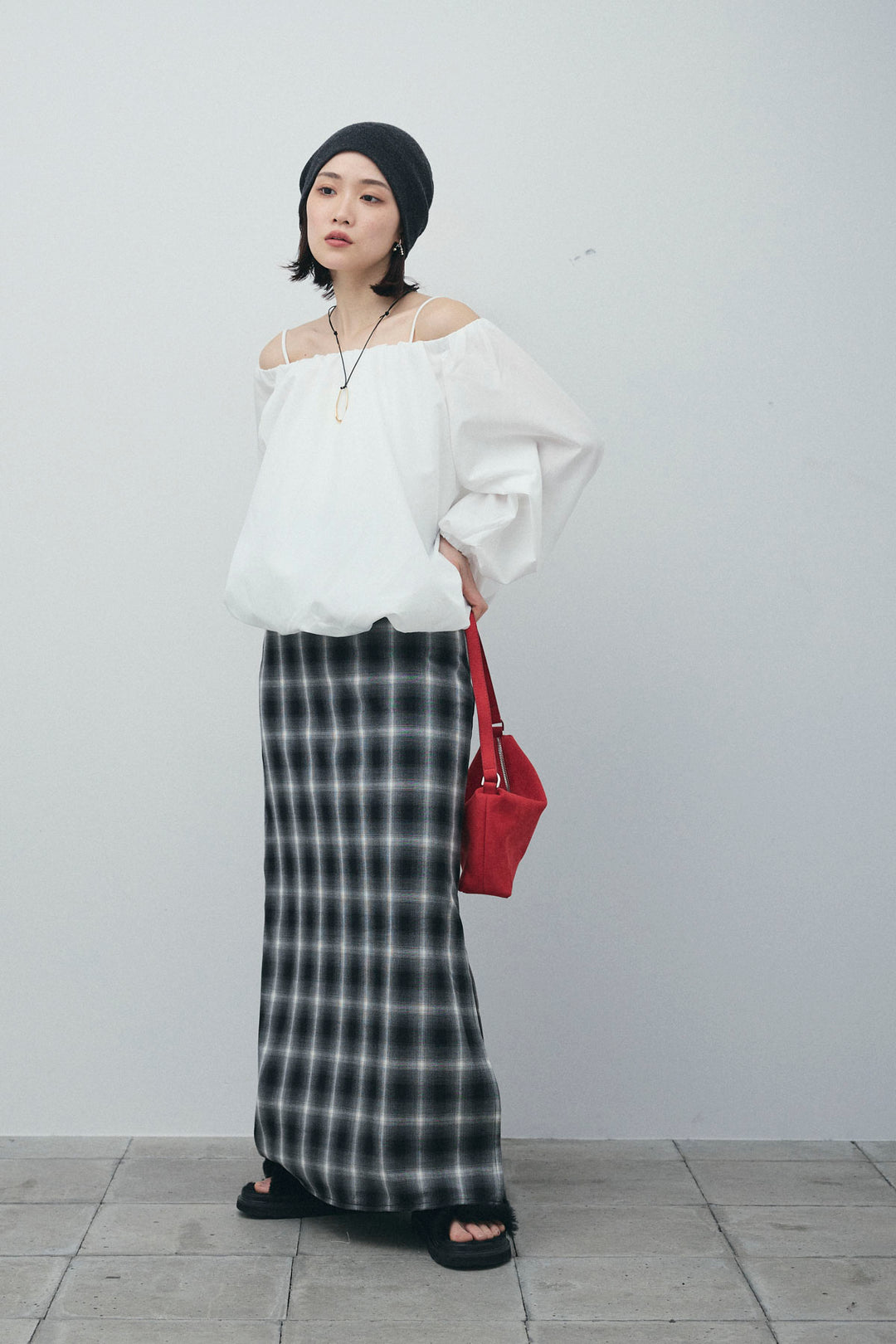 [予約/SET]オフショルバルーンブラウス+チェックストレートスカート(2set)