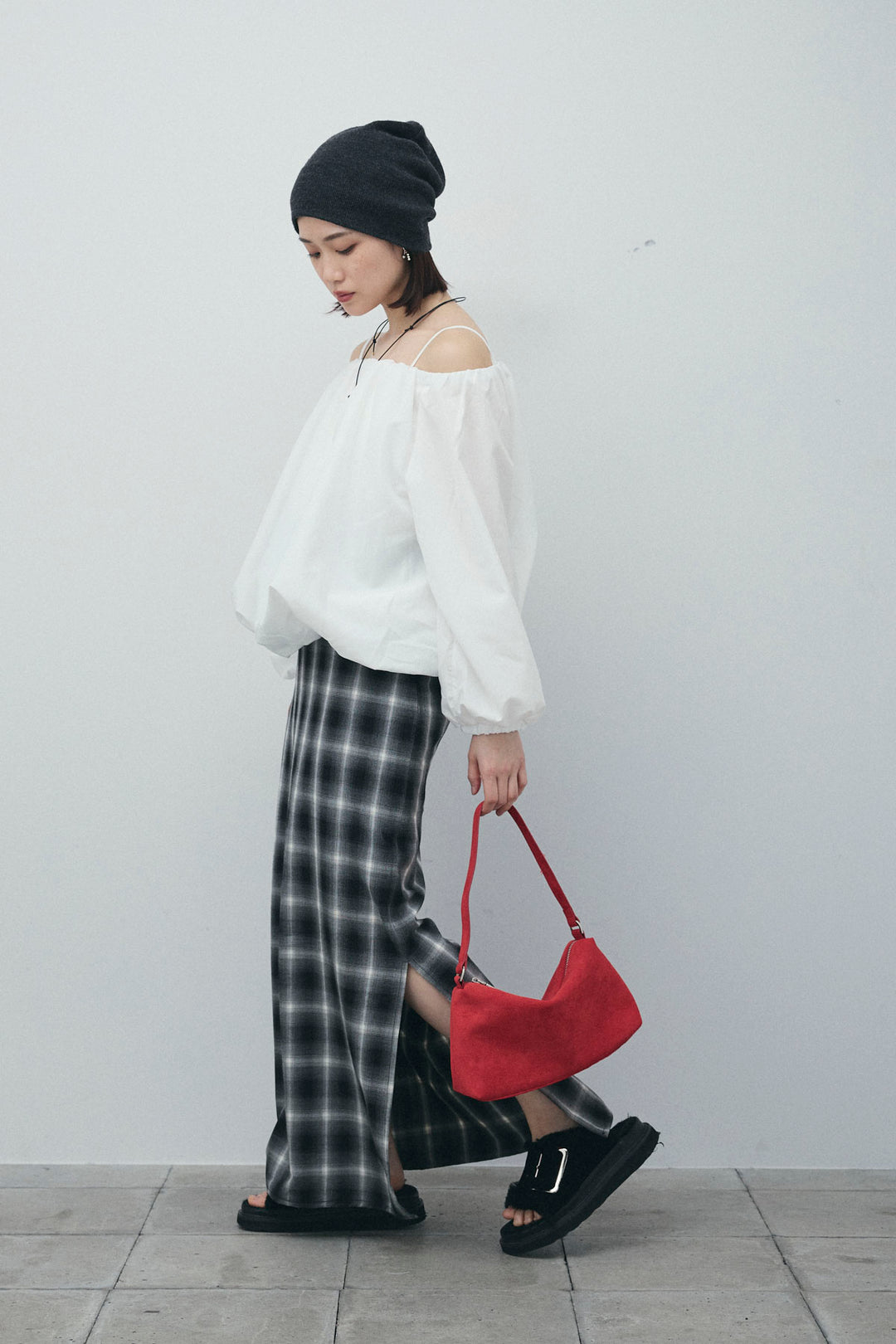 [予約/SET]オフショルバルーンブラウス+チェックストレートスカート(2set)