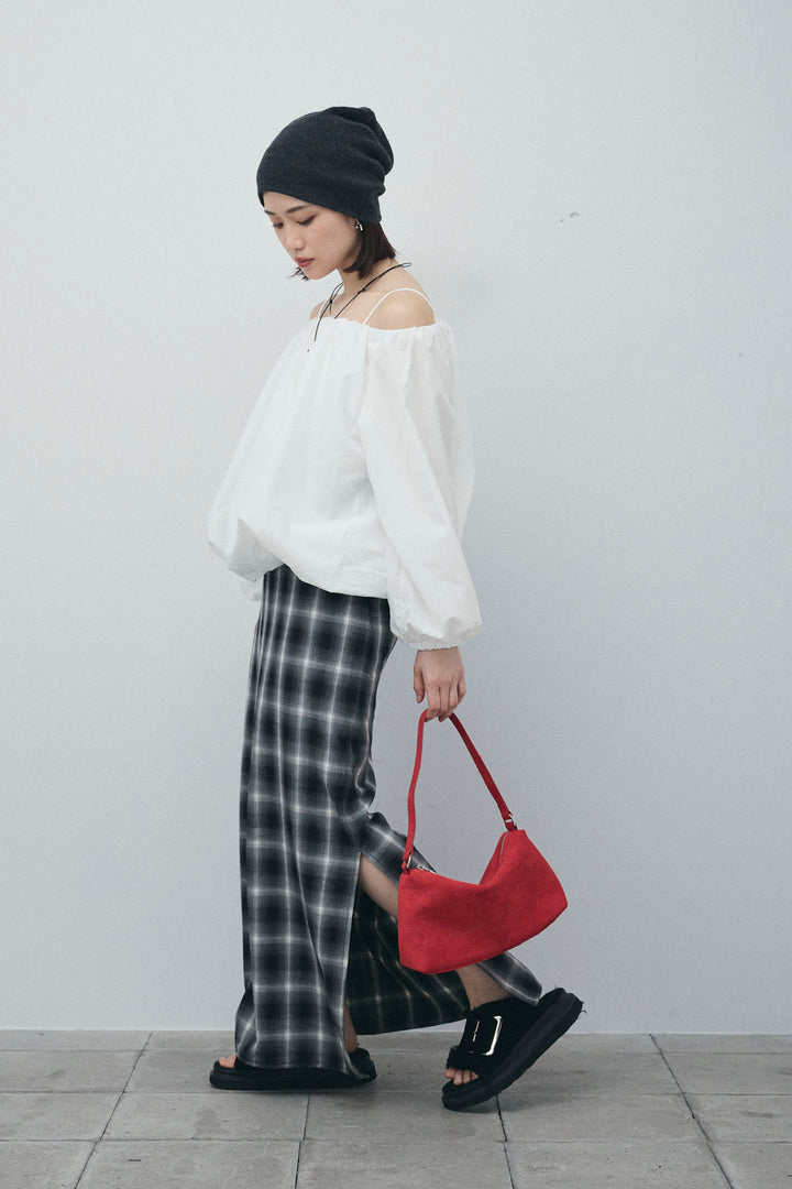 [予約/SET]オフショルバルーンブラウス+チェックストレートスカート(2set)