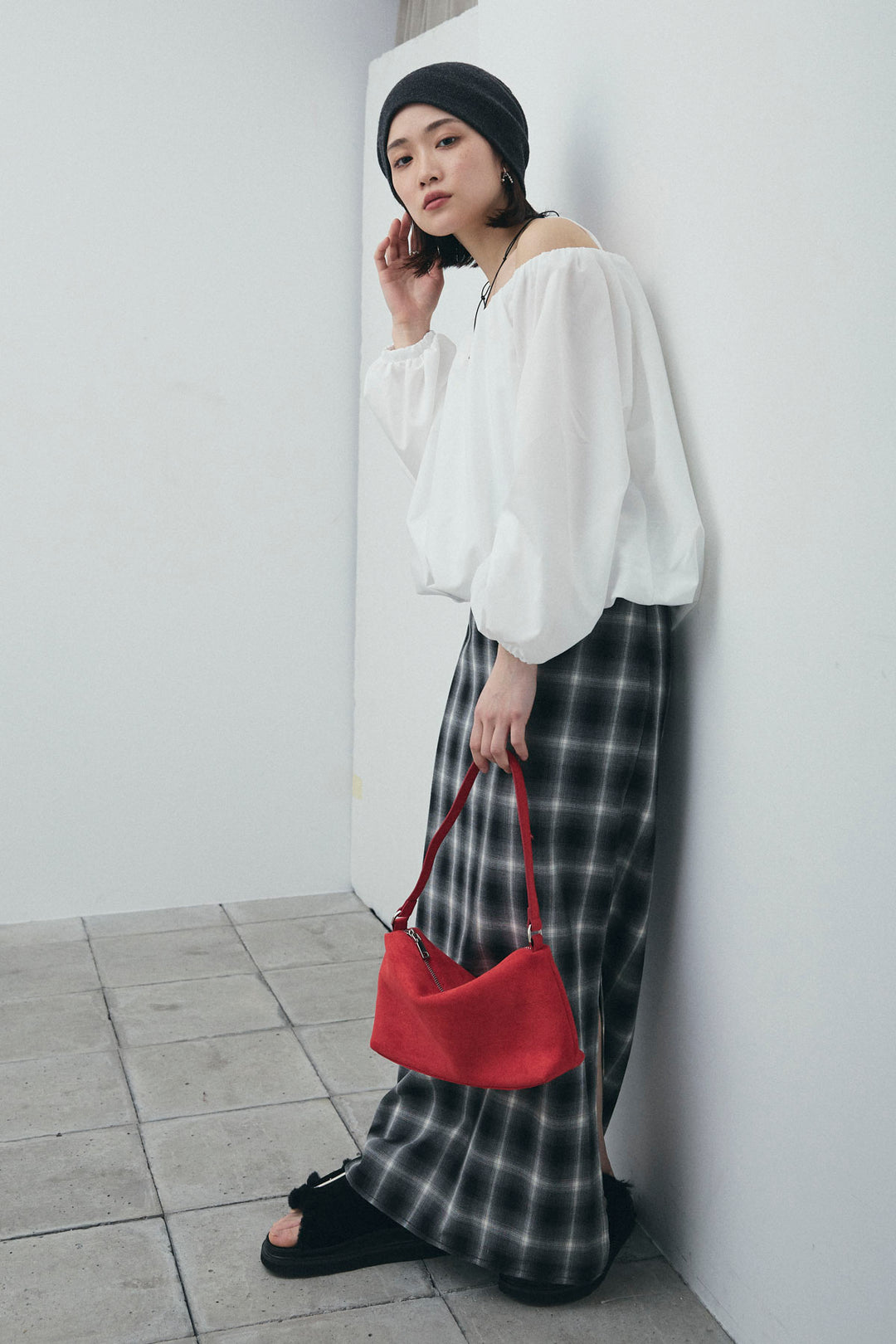 [予約/SET]オフショルバルーンブラウス+チェックストレートスカート(2set)