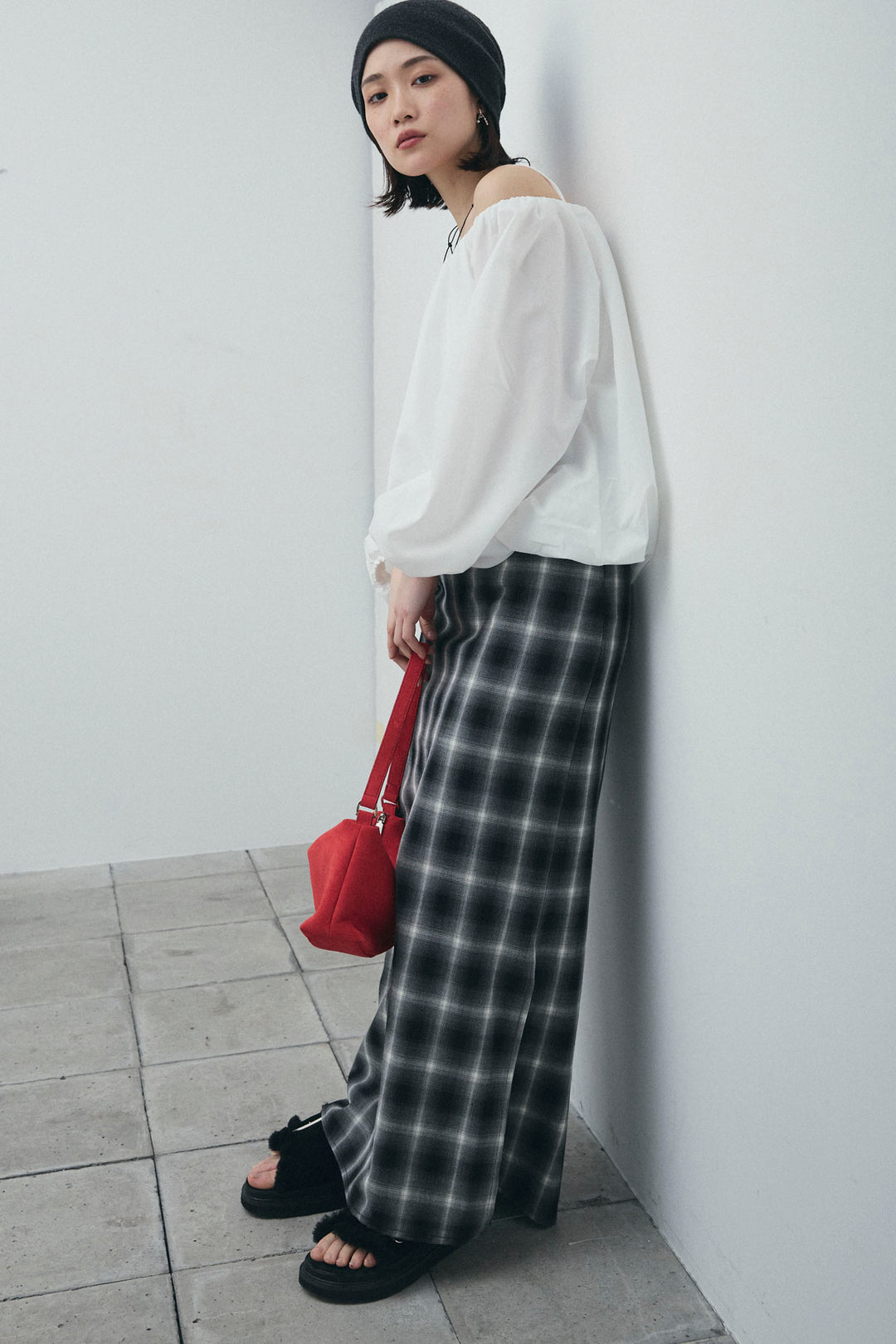 [予約/SET]オフショルバルーンブラウス+チェックストレートスカート(2set)