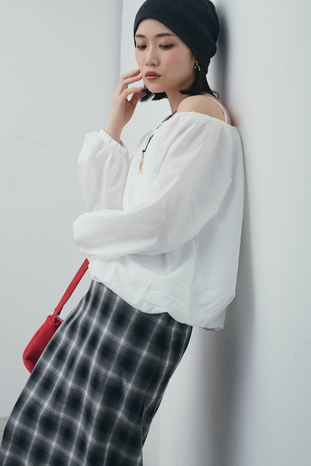 [予約/SET]オフショルバルーンブラウス+チェックストレートスカート(2set)