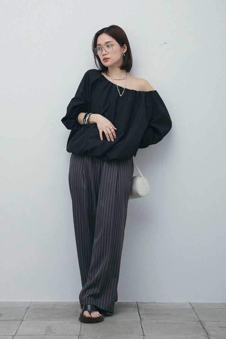 [予約/SET]オフショルバルーンブラウス+ダブルウエストピンストライプパンツ(2set)
