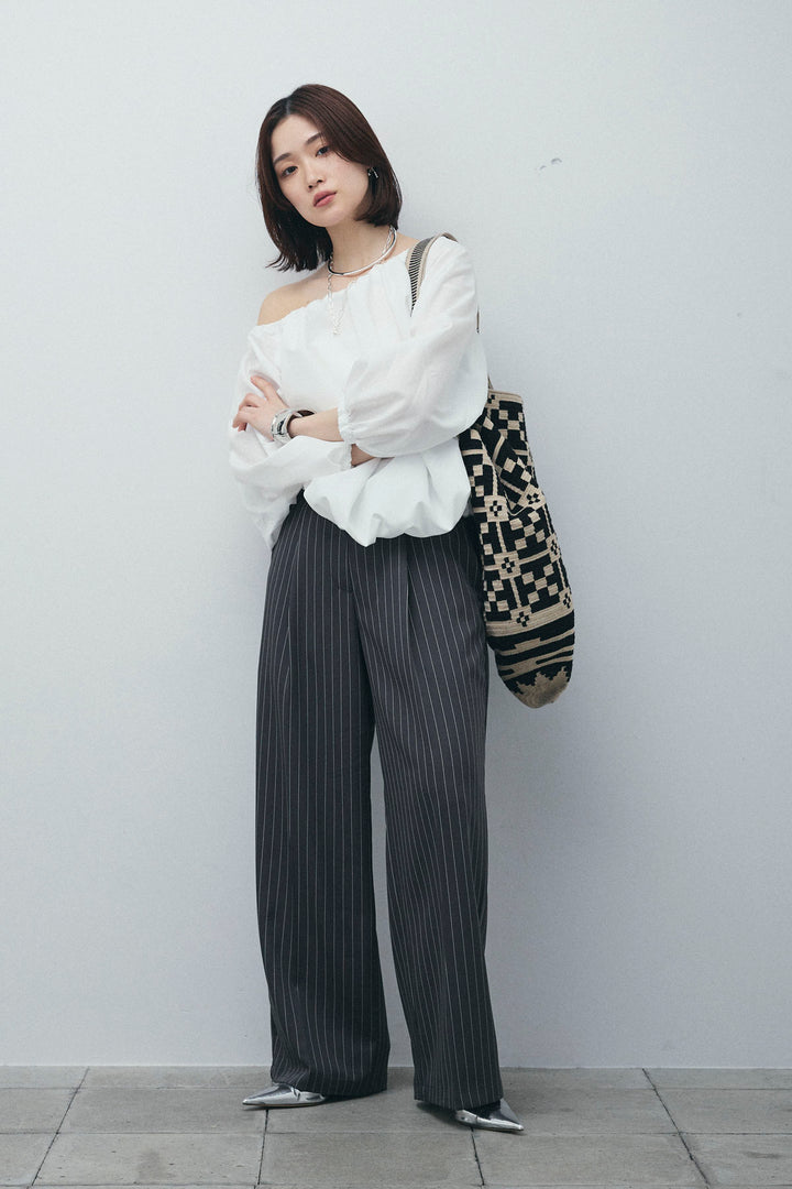 [予約/SET]オフショルバルーンブラウス+ダブルウエストピンストライプパンツ(2set)