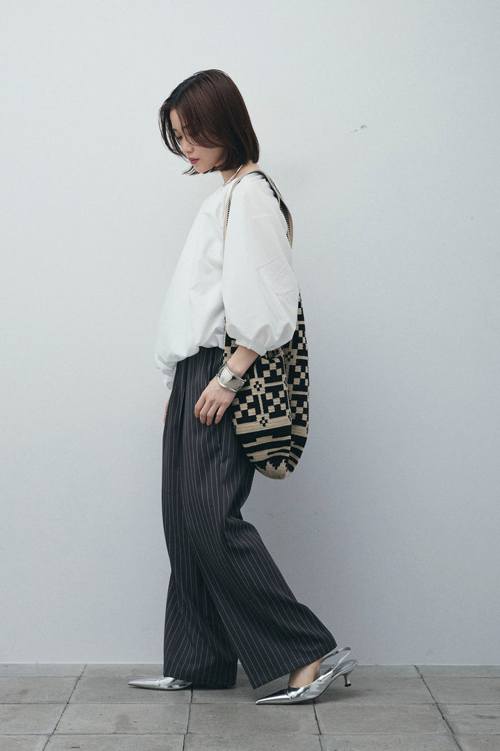[予約/SET]オフショルバルーンブラウス+ダブルウエストピンストライプパンツ(2set)