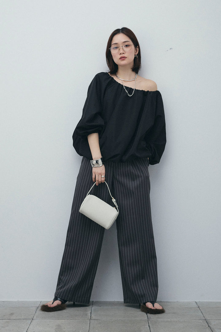 [予約/SET]オフショルバルーンブラウス+ダブルウエストピンストライプパンツ(2set)