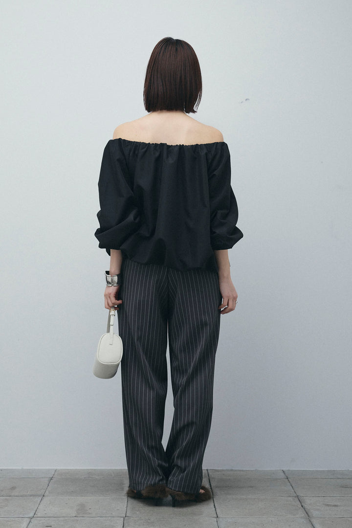 [予約/SET]オフショルバルーンブラウス+ダブルウエストピンストライプパンツ(2set)
