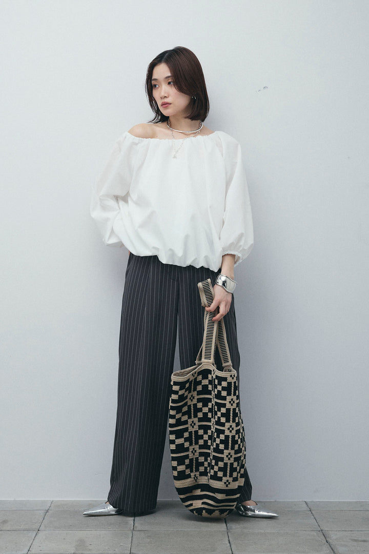 [予約/SET]オフショルバルーンブラウス+ダブルウエストピンストライプパンツ(2set)