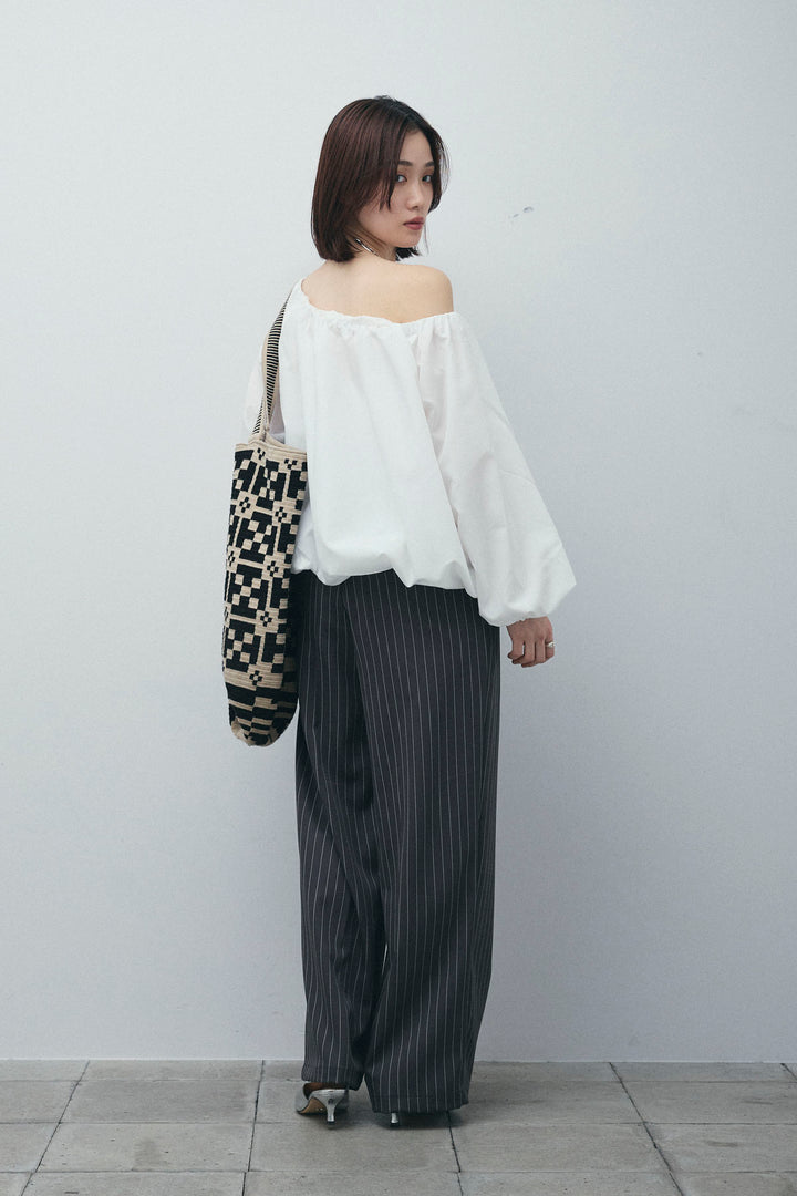 [予約/SET]オフショルバルーンブラウス+ダブルウエストピンストライプパンツ(2set)
