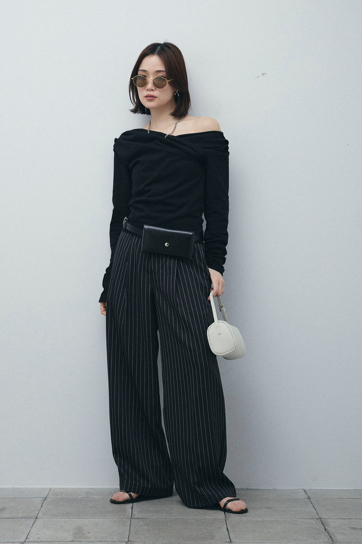 [予約/SET]オフショルプルオーバー+ダブルウエストピンストライプパンツ(2set)