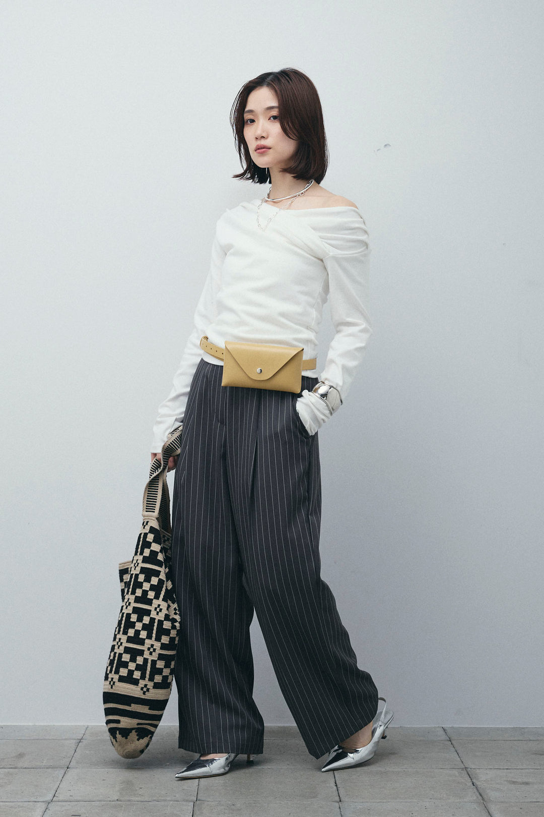 [予約/SET]オフショルプルオーバー+ダブルウエストピンストライプパンツ(2set)