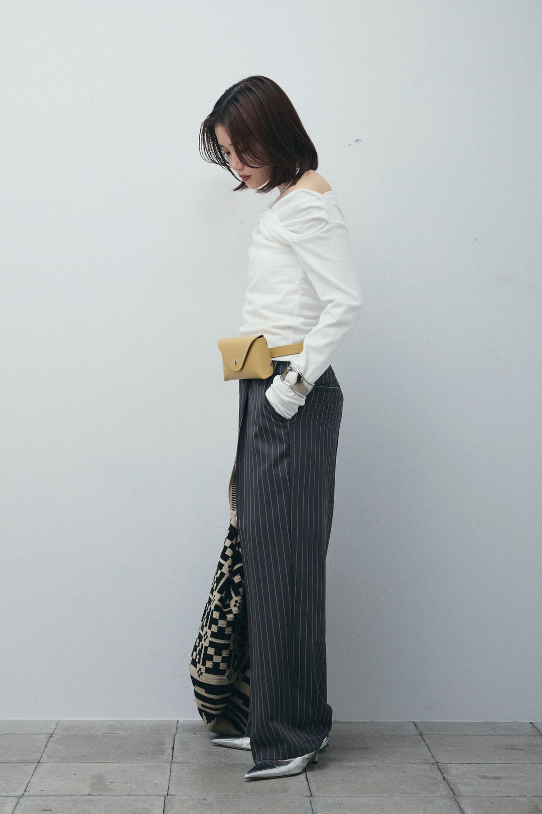 [予約/SET]オフショルプルオーバー+ダブルウエストピンストライプパンツ(2set)