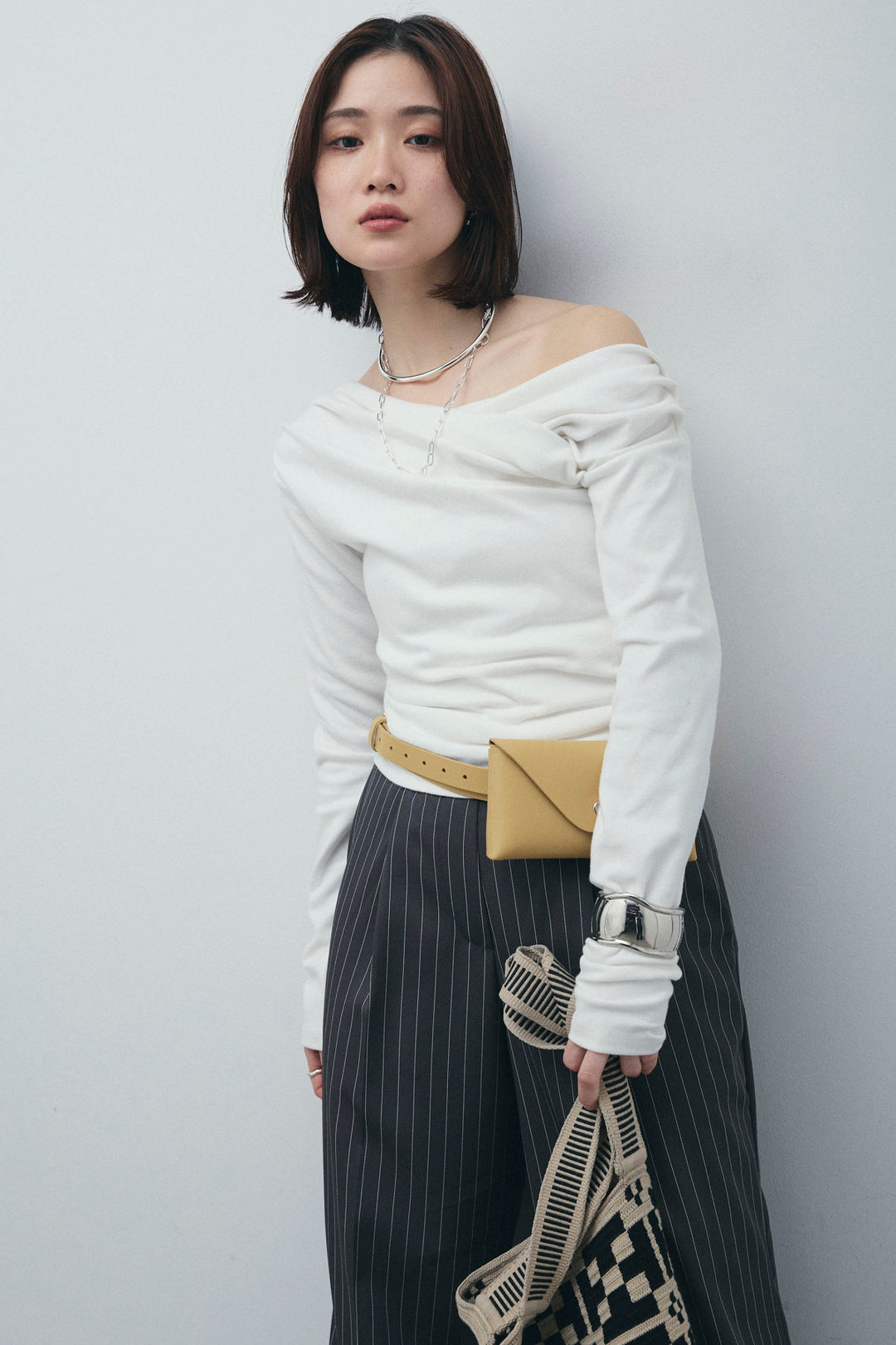 [予約/SET]オフショルプルオーバー+ダブルウエストピンストライプパンツ(2set)