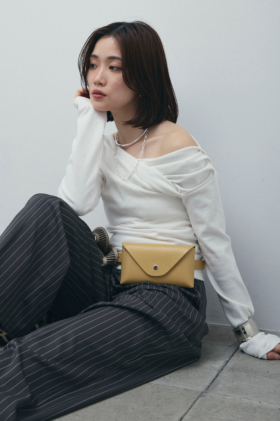 [予約/SET]オフショルプルオーバー+ダブルウエストピンストライプパンツ(2set)