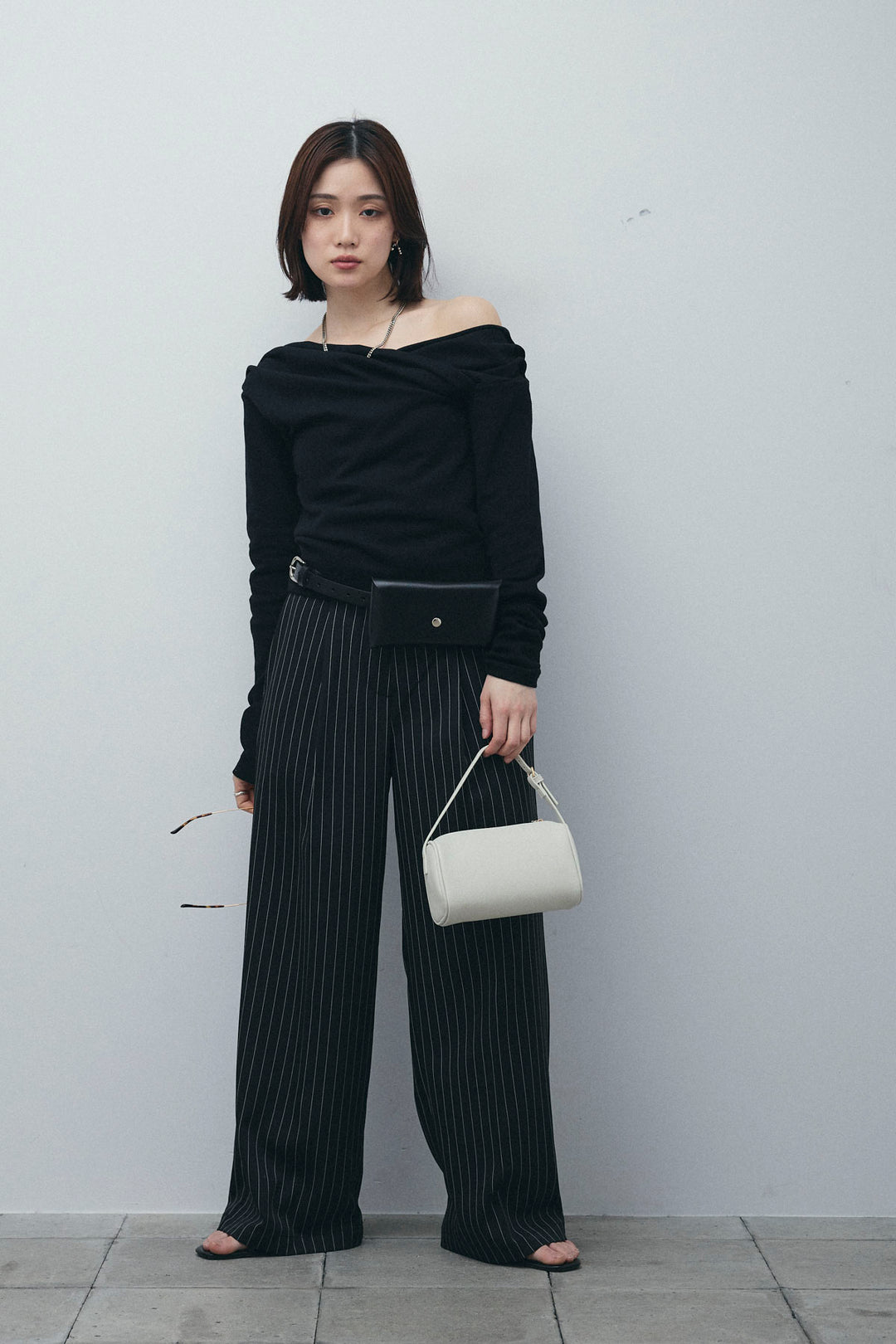 [予約/SET]オフショルプルオーバー+ダブルウエストピンストライプパンツ(2set)