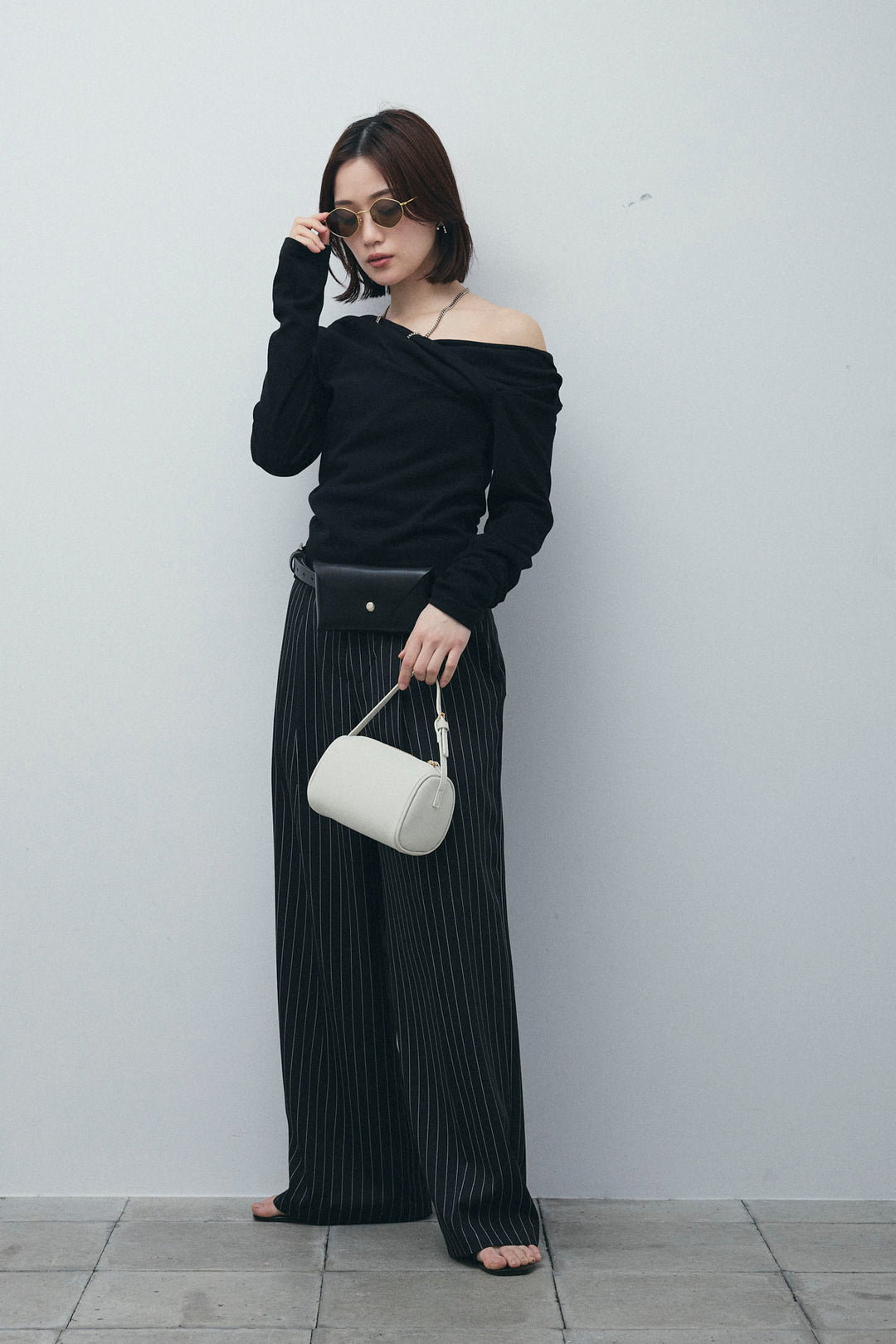 [予約/SET]オフショルプルオーバー+ダブルウエストピンストライプパンツ(2set)