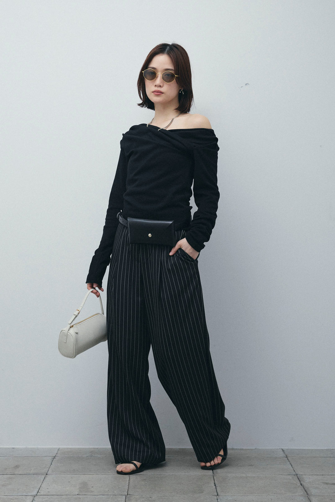 [予約/SET]オフショルプルオーバー+ダブルウエストピンストライプパンツ(2set)
