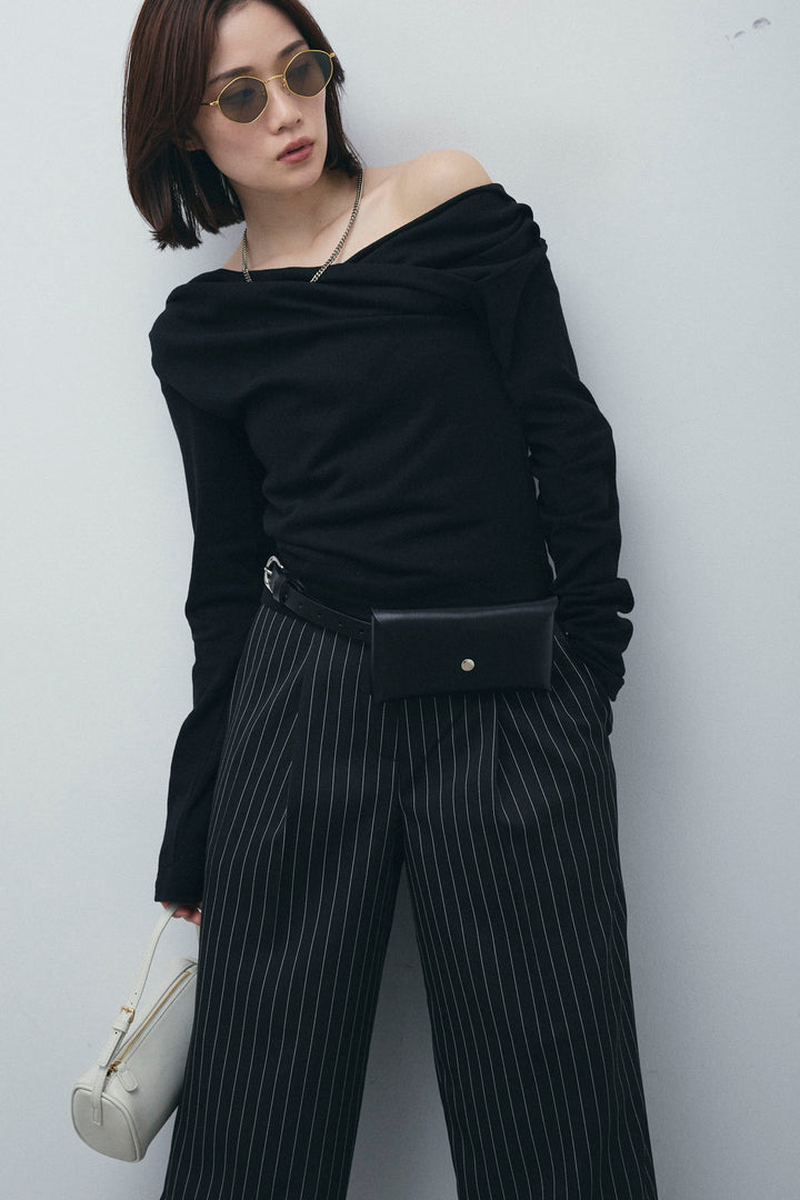 [予約/SET]オフショルプルオーバー+ダブルウエストピンストライプパンツ(2set)