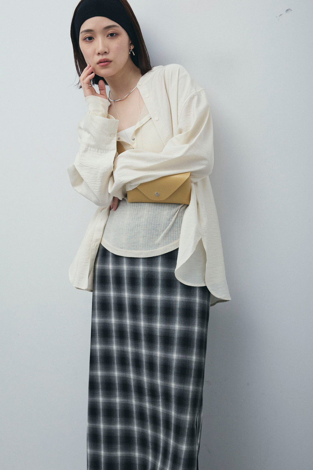 [予約/SET]ビンテージクロスシャツ+チェックストレートスカート(2set)
