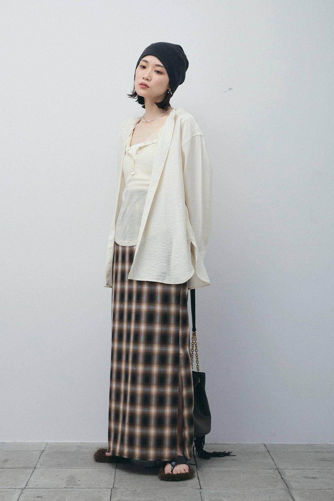 [予約/SET]ビンテージクロスシャツ+チェックストレートスカート(2set)