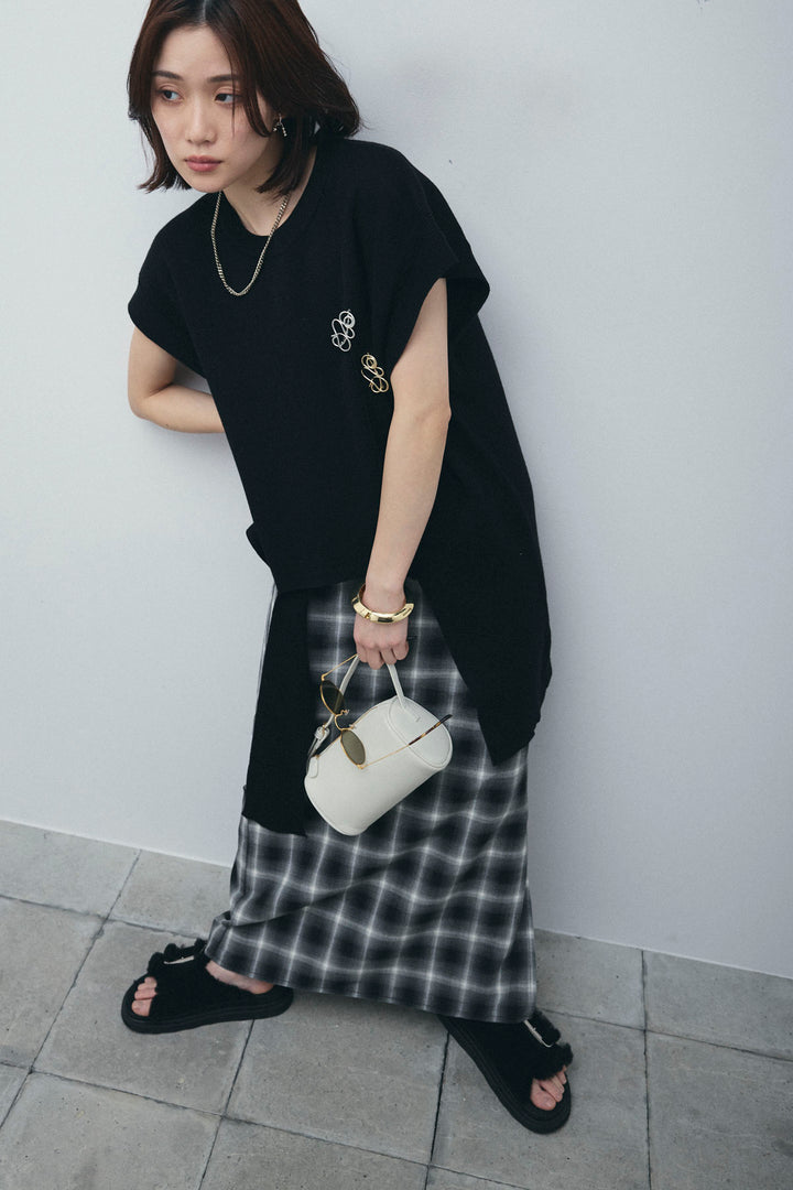 [予約/SET]アシンメトリーデザインニットベスト+チェックストレートスカート(2set)