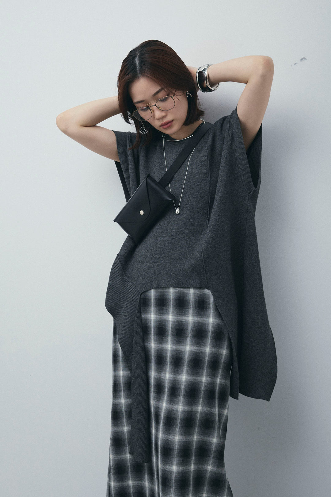 [予約/SET]アシンメトリーデザインニットベスト+チェックストレートスカート(2set)