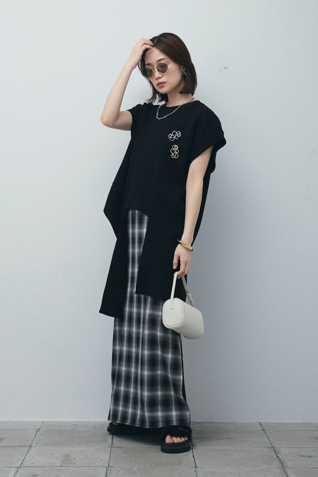 [予約/SET]アシンメトリーデザインニットベスト+チェックストレートスカート(2set)