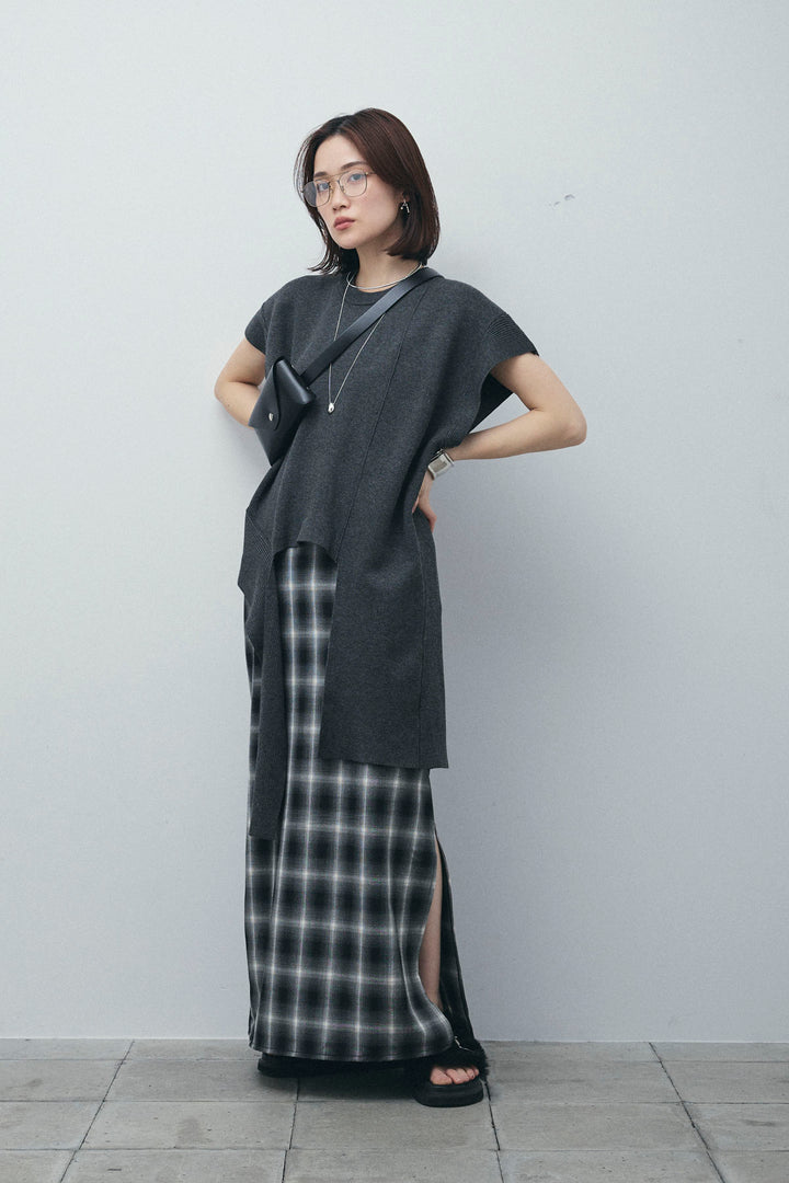 [予約/SET]アシンメトリーデザインニットベスト+チェックストレートスカート(2set)