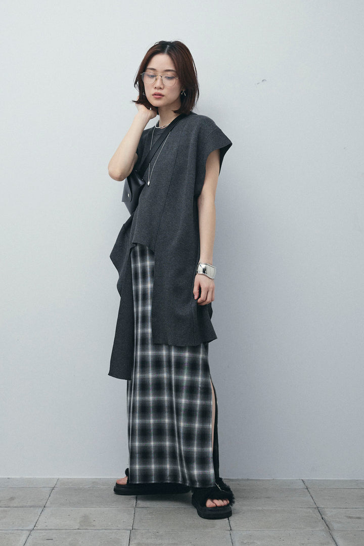 [予約/SET]アシンメトリーデザインニットベスト+チェックストレートスカート(2set)